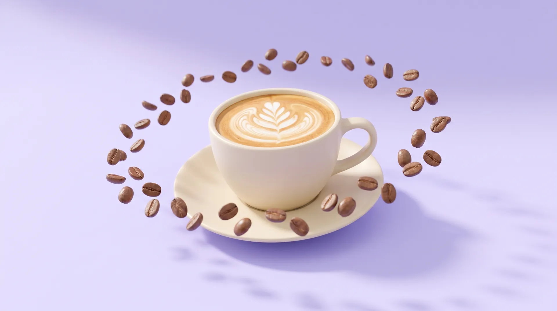 A cappuccino with latte art on a cream saucer, coffee beans circling it on a lavender backdrop.