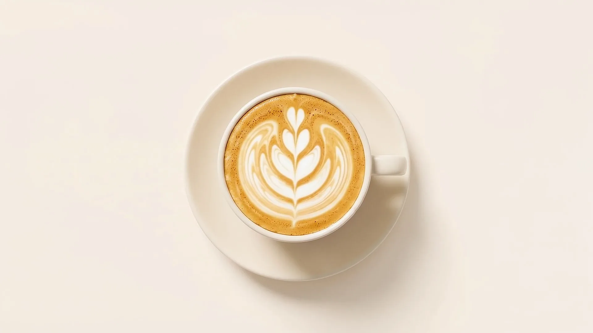 Seen from above, a cream cup and saucer holding a finished rosetta latte art on a golden crema.
