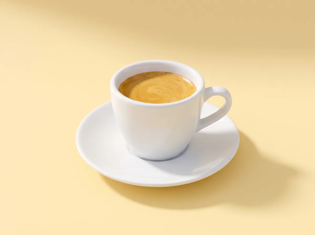 A white espresso cup with golden crema on a white saucer, set on a butter-yellow backdrop.