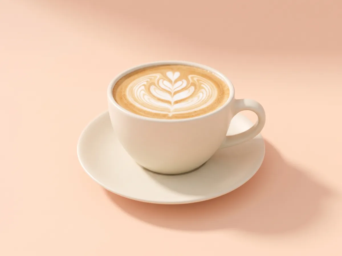 A latte in a cream cup and saucer with a rosetta poured on top, on a peach backdrop.