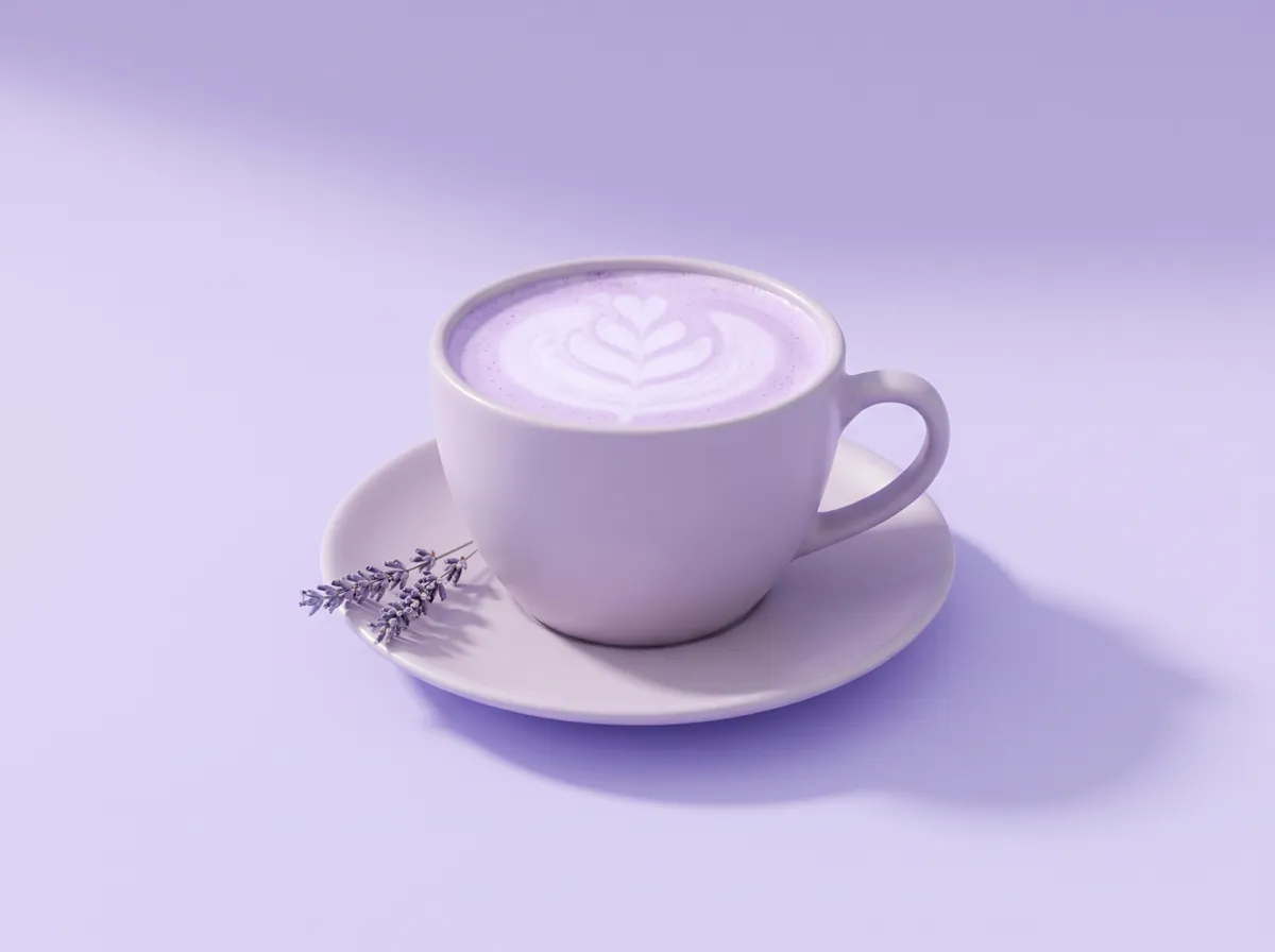 A lilac cup of lavender latte with latte art and a sprig of dried lavender on the saucer, on a lavender backdrop.