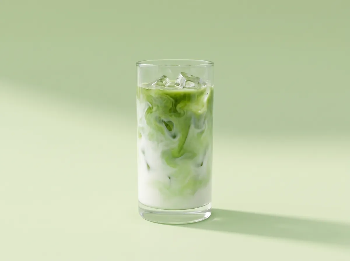 A tall glass of iced matcha, green tea swirling into cold milk over ice, on a soft green backdrop.
