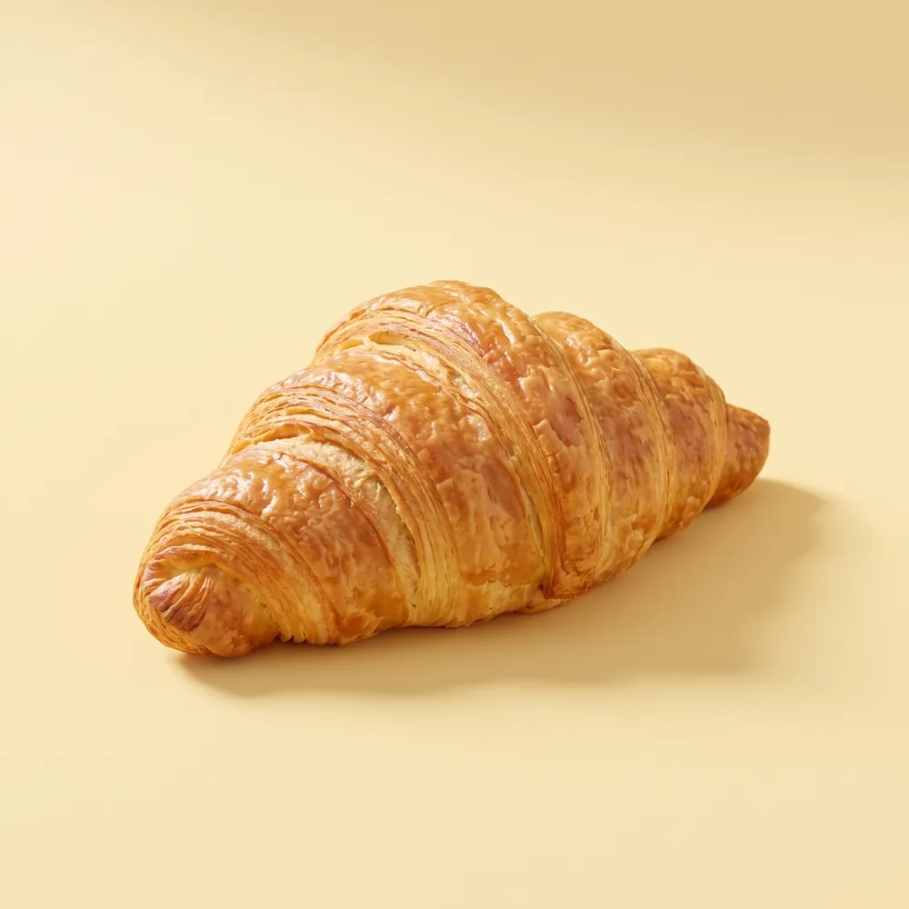 A golden, flaky butter croissant on a warm yellow backdrop.