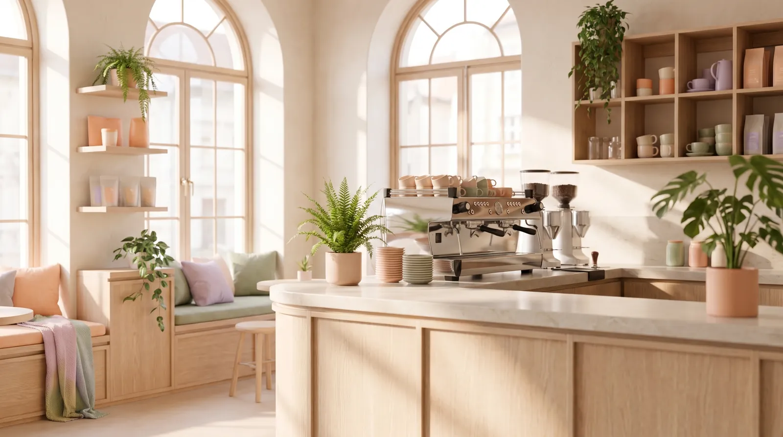 Inside Egora: arched windows, a pale wooden counter with an espresso machine and grinders, plants and a cushioned window bench.